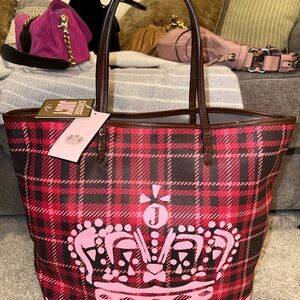 Juicy Couture Red and Pink Plaid Tote Bag